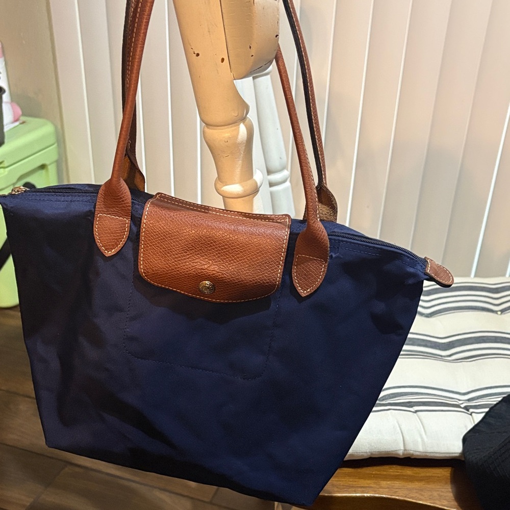 Longchamp Navy and Brown Le Pliage Tote
